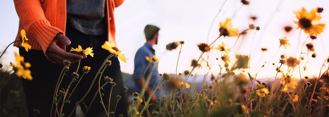 Deux personnes marchant dans un champ de fleurs jaunes.