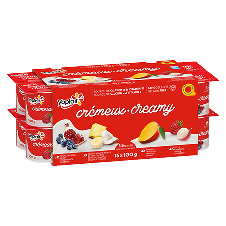 Yoplait-Creamy-Pineapple-Coconut-Banana-Pomegranate-Blueberry-Tropical-Mango-Lychee-Raspberry front of packaging