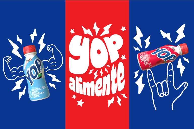 Yop products with graphics behind them and "Yop Alimente" as the copy