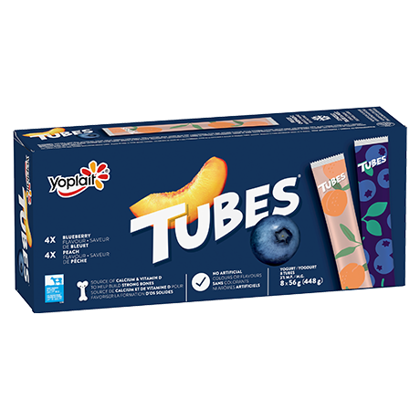 Yoplait Tubes Blueberry Peach front of packaging