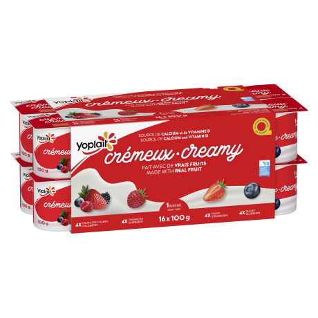 A variety pack of raspberry, fieldberry, strawberry, and blueberry flavored creamy yogurts
