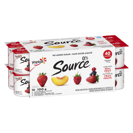 A variety pack of raspberry, fieldberry, strawberry, and peach flavored Source yogurts