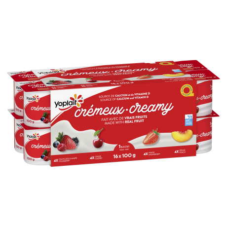 A variety pack of cherry, peach, strawberry, and fieldberry flavored creamy yogurts