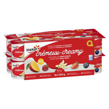 A variety pack of raspberry-vanilla, mango-vanilla, strawberry-vanilla, and blueberry-vanilla flavored creamy yogurts