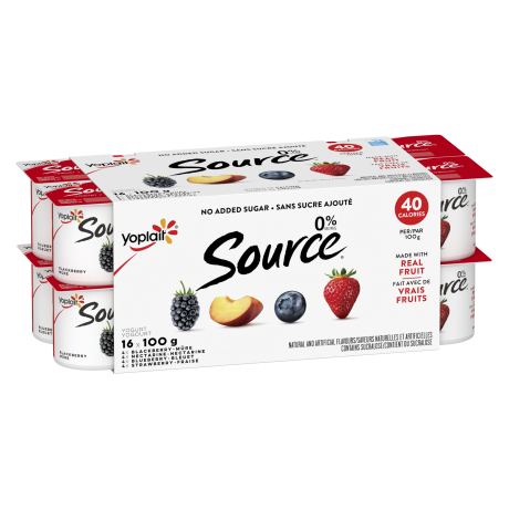 A variety pack of blackberry, blueberry, strawberry, and nectarine flavored Source yogurts