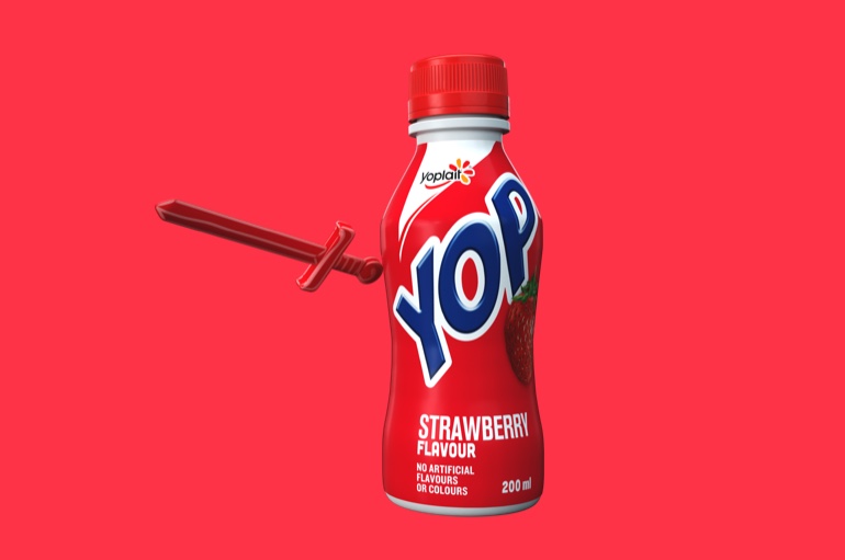 Yop Strawberry product show with a sword graphic