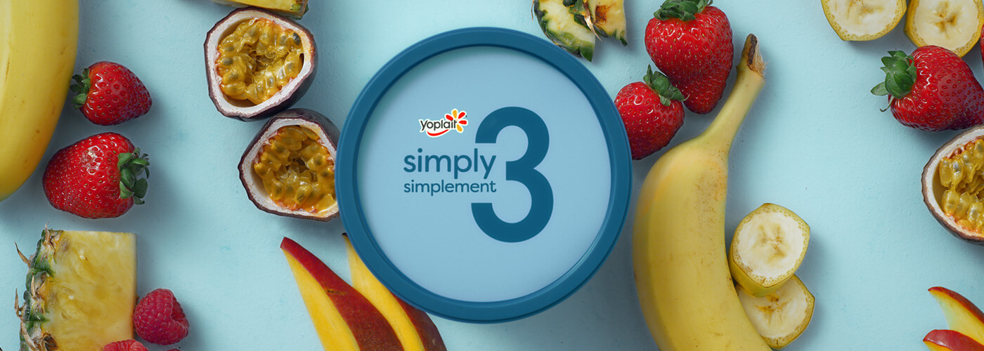 Yoplait Simple 3 product placement surrounded by tropical fruit