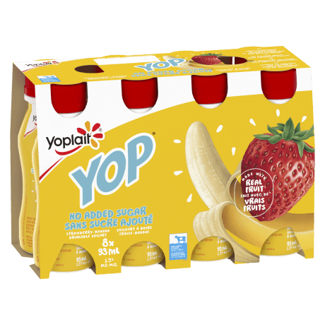 A 6-pack of no-added-sugar strawberry-banana flavored Yop