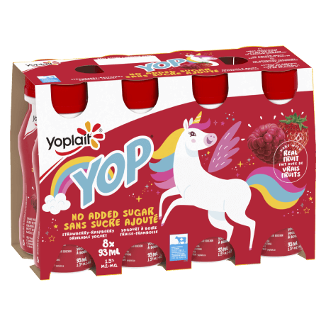 A 6-pack of no-added-sugar strawberry-raspberry flavored Yop