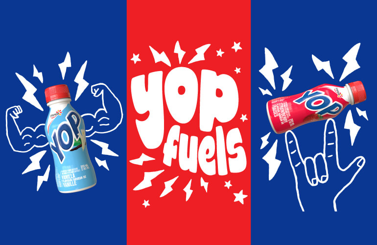 Yop products with graphics behind them and "Yop Fuels" as the copy