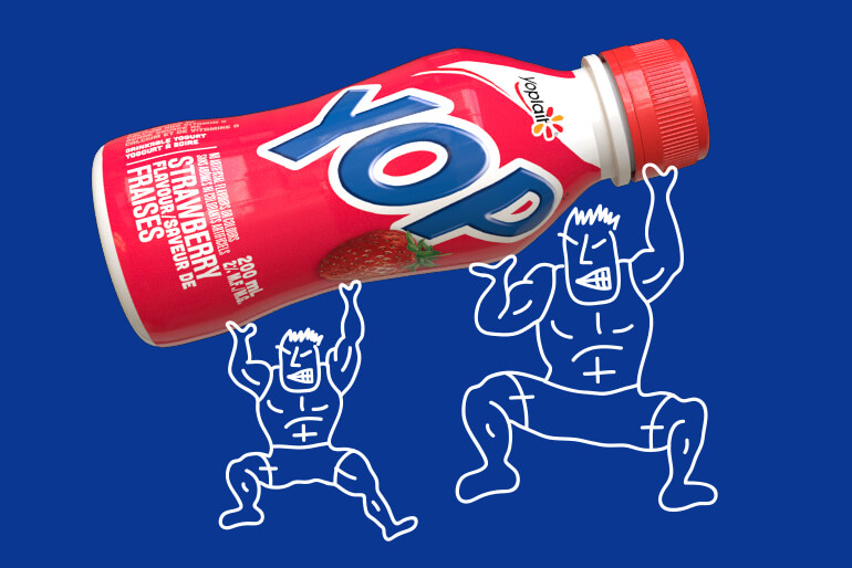 YOP pack shot with a strong man graphic holding the product up