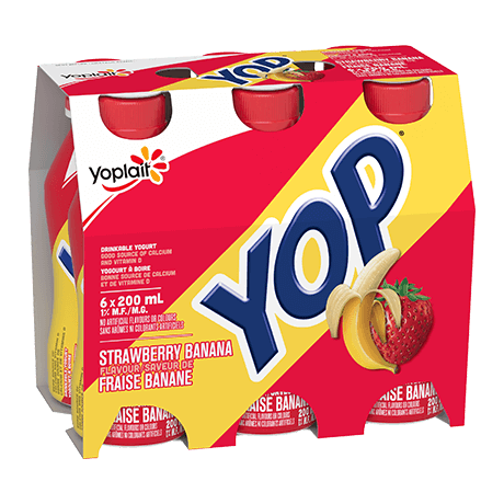 A 6-count pack of strawberry-banana flavored Yop