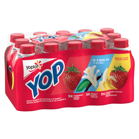Front of pack of Yop Multi-pack- Strawberry, Strawberry Banana and Vanilla
