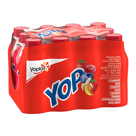 A 12-count variety pack of strawberry, raspberry, blueberry, and strawberry-banana flavored Yop