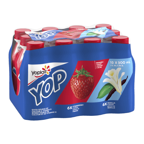 A 12-count variety pack of strawberry and vanilla flavored Yop
