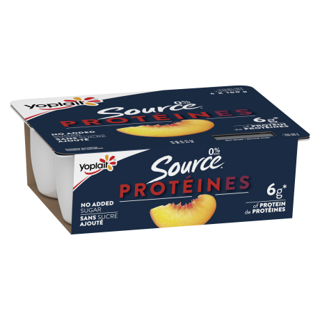 A pack of peach flavored Source Protein products